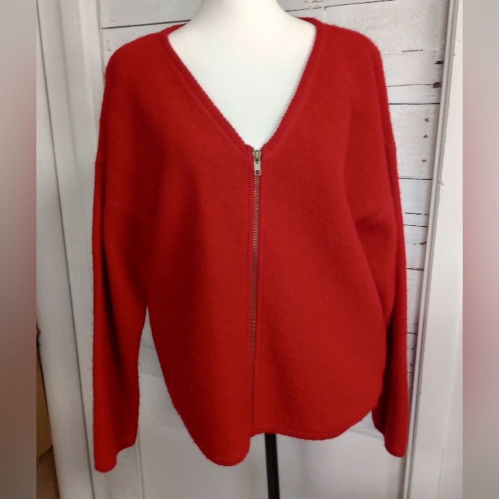 CC Hughes 100% Wool Red Zip Front Cardigan Sweater Large Soft Knit *
